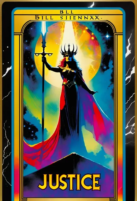 tarot card, a card, card : "JUSTICE", tarot card frame,vivid colors (art inspired by Bill Sienkiewicz). text: JUSTICE
