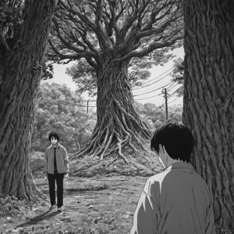 pulling a tree, (anime), bizarre scenario, Junji Ito, Yusuke Murata, black and white, 8k, anime, horror