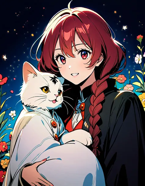 2femelles(kawaii,petit enfant,sourire,cheveux flottants,dark red hair color,long braided hair,dark red eye color,gros yeux,fourrure blanche,robe rouge,sein,[chat ear]) AND 2femelles((chat:1.2),fourrure blanche,chaton), CASSER ,background(dehors,Magnifique ...