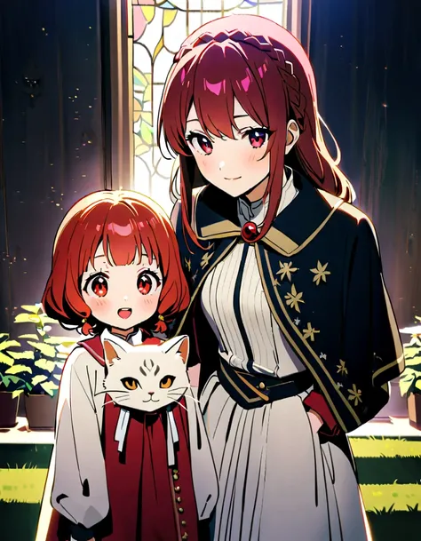 2femelles(kawaii,petit enfant,sourire,cheveux flottants,dark red hair color,long braided hair,dark red eye color,gros yeux,fourrure blanche,robe rouge,sein,[chat ear]) AND 2femelles((chat:1.2),fourrure blanche,chaton), CASSER ,background(dehors,Magnifique ...