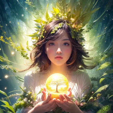 ((((masterpiece))), best quality, illustrations, beautiful details glow, tree-goddess, fantasy, Mother Earth, sunshine mix, leafy