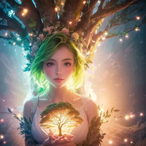 ((((masterpiece))), best quality, illustrations, beautiful details glow, tree-goddess, fantasy, Mother Earth, sunshine mix, leafy