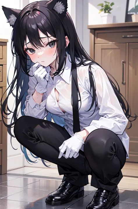 18-year-old Shota，cute，Wear a white long-sleeved shirt and a black work tie，Wear black pants，Wear black booties，Wear white gloves，wear cat ear，Black hair，Black eyes，blush，sweat，Fear，Unwilling，uncomfortable，porn