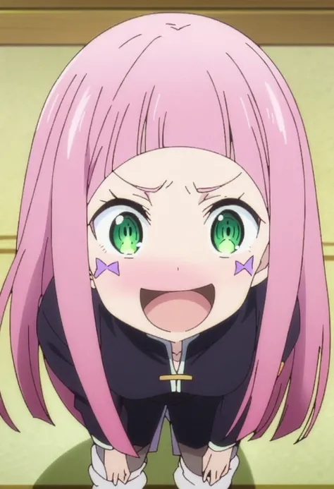 score_9, score_8_up, score_7_up, source_anime, rating_safe, anime screencap, rezero_style, (masterpiece), best quality, expressive eyes, ((excited)), (unique bangs), (himecut), ((dark blue gakuran)), (half lidded eyes), (smile), (eye markings), (blushing),...