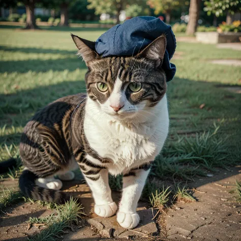 Photography of a cat with a blue cap, film grain, green grass landscape, F/8, ISO400, 100mm