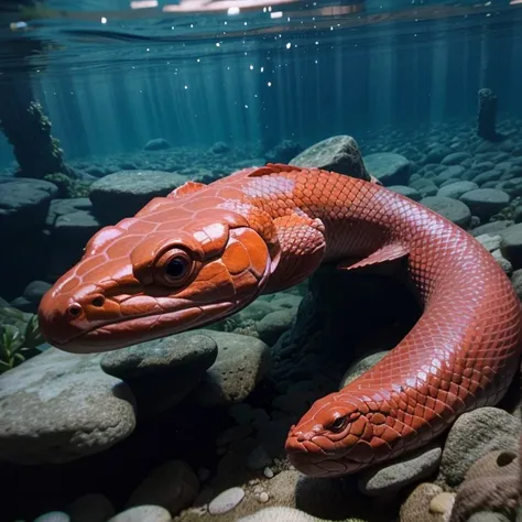 Big red snake under water