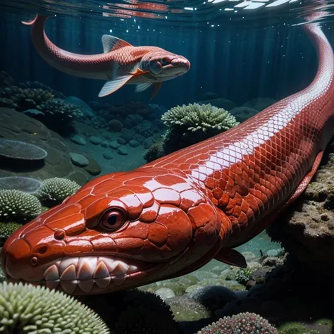 Big red snake under water