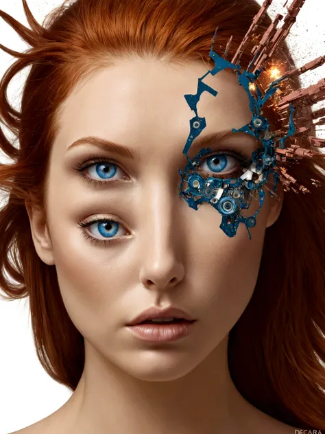  Beauty appearance , ruiva, Ogiva explosiva, Machine parts, that are embedded in the face, transitional, inspirado em Igor Morski, dramatic work of art, photo manipulation, Photo-Manipulation, decair, Explosion of data fragments, hum, Arte oficial, Detalhe...