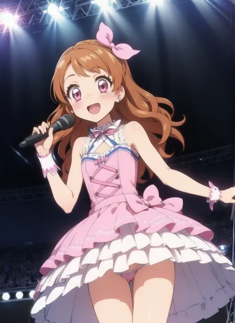 akari ozora, medium long hair, pink ribbon on left head, small breasts, , (((10 years old))), lolita, blush, shy, angle from below, idol dress, no pantie, vagina, concert stage, singing, fandom, clowd, 