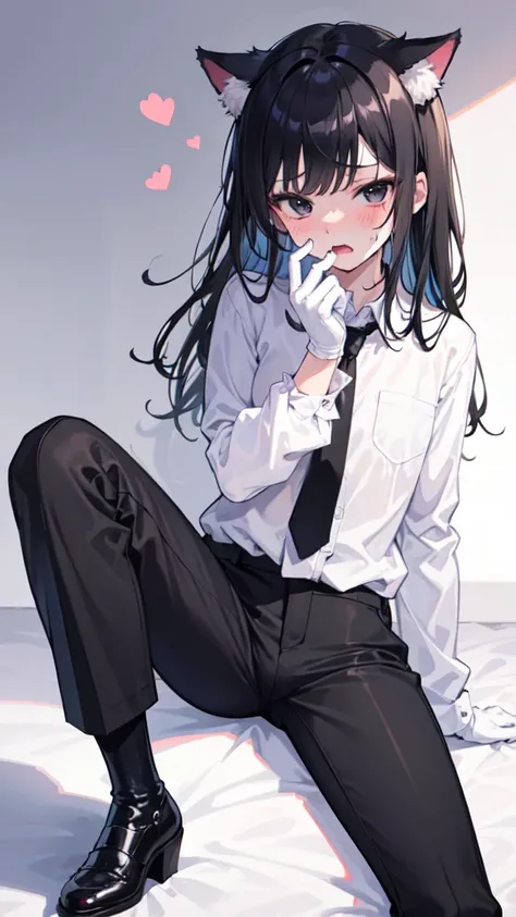 18-year-old Shota，cute，Wear a white long-sleeved shirt and a black work tie，Wear black pants，Wear black booties，Wear white gloves，wear cat ear，Black hair，Black eyes，blush，sweat，Fear，Unwilling，uncomfortable，Slobber，porn