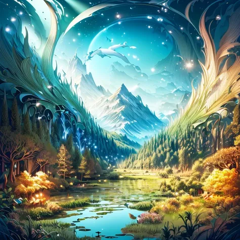 ((((masterpiece))), best quality, illustrations, beautiful details glow,paper_cut, trees, magical forest, fantasy, pond, Mother Earth, sunshine mix, leafy