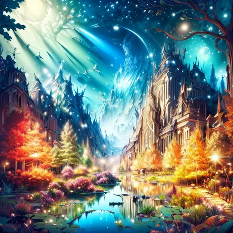 ((((masterpiece))), best quality, illustrations, beautiful details glow,paper_cut, trees, magical forest, fantasy, pond, Mother Earth, sunshine mix, leafy