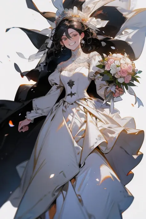 Wedding scene，The bride in a white wedding dress is walking towards me with a bouquet of flowers，Smiling slightly，Perfect face，Black Hair，Perfect face，Full body portrait