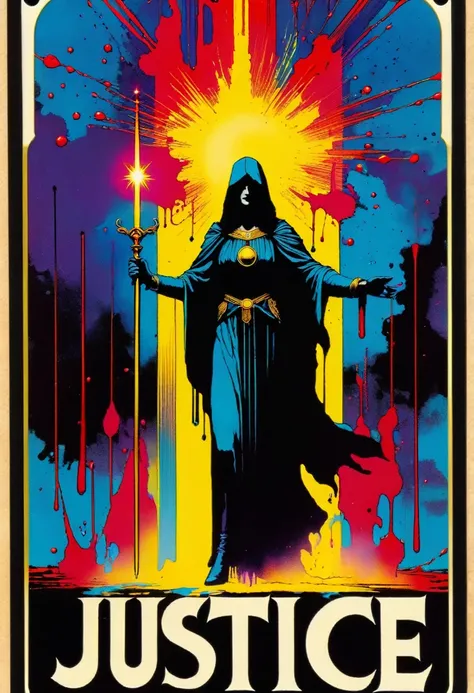 tarot card, a card, card : "JUSTICE", tarot card frame,vivid colors, blood splat (art inspired by Bill Sienkiewicz). text: JUSTICE
