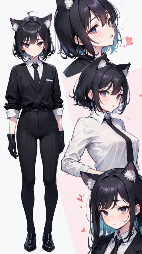 18-year-old Shota，cute，Wear a white long-sleeved shirt and a black work tie，Wear black pants，Wear black booties，Wear white gloves，wear cat ear，Black hair，Black eyes，Very thin legs，The waist is very thin，blush，sweat，Fear，Unwilling，uncomfortable，drool，porn