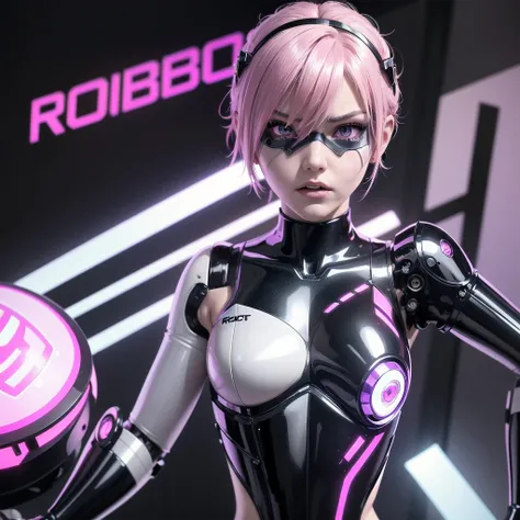 a girl with a sleek and attractive robotic body, featuring high-tech components. She has short pink hair, purple eyes, and an angry expression. She is wearing a robot mask that partially obscures her face, with her polished mechanical limbs and torso empha...