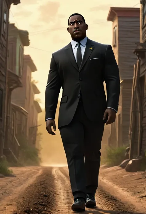 Shawt,a black man,in a black suit,walking down a dirt road,pixar art style