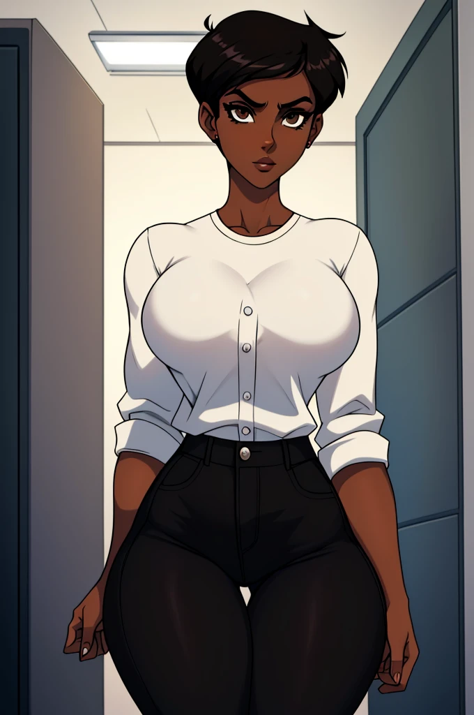 ((ultra quality)), ((masterpiece)), Lois Lane, ((black short hair tomboy hairstyle)), (Beautiful face), (beautiful female lips), (), charming, ((sexy facial expression)), (Dark skin color), (dark skin), glare on the body, ((detailed beautiful female eyes))...