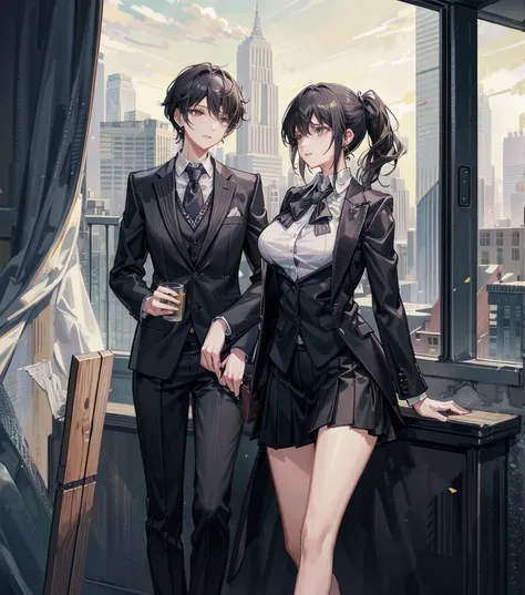 whole body, medium tits, medium hair, black hair, tearful mole, earring, business suit, blazer, blouse, short skirt, large windows overlooking a city skyline, natural wood tones,