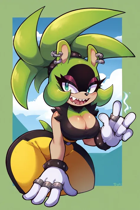 score_9,  score_8_up, 2d, flat color, 1girl, flat background, surge the tenrec, by sonic team, wide hips, narrow waist, cleavage