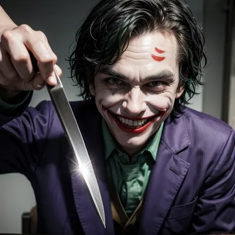 Joker laughing, holding a knife 