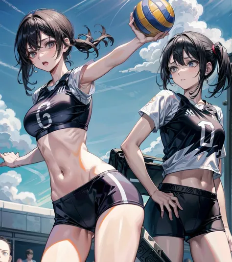 whole body, medium tits, medium hair, black hair, tearful mole, earring, volleyball uniform, midriff,