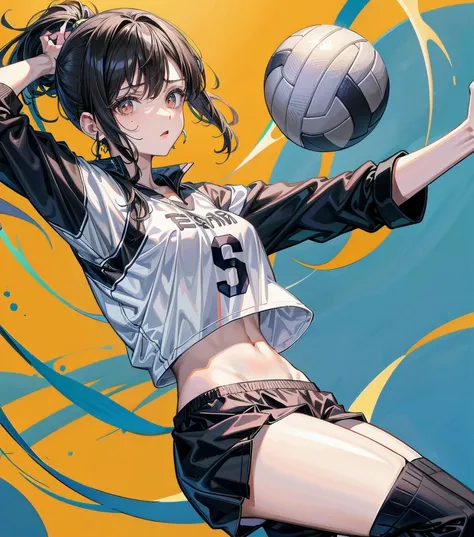 whole body, medium tits, medium hair, black hair, tearful mole, earring, volleyball uniform, midriff,