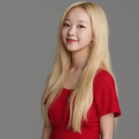 Wonyoung, blonde, simple background, red dress, 1girl, asian