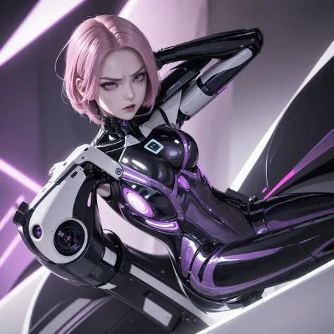 a girl with a sleek and attractive robotic body, featuring high-tech components. She has short pink hair, purple eyes, and an angry expression. She is wearing a mask that partially obscures her face, with her polished mechanical limbs and torso emphasizing...