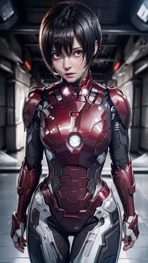 highest quality　8k red armor　iron man suit　middle-aged women　　sweaty face　　short hair　　steam coming out of my head　my hair is we...