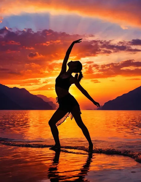 (masterpiece, best quality:1.2), 1girl, solo, standing_split, 
Silhouette photo of 1woman, multiple exposure, sunset, enhance, intricate, high-saturation, (best quality, masterpiece, Representative work, UHD, HIghres, Professional, 8k wallpaper:1.3)