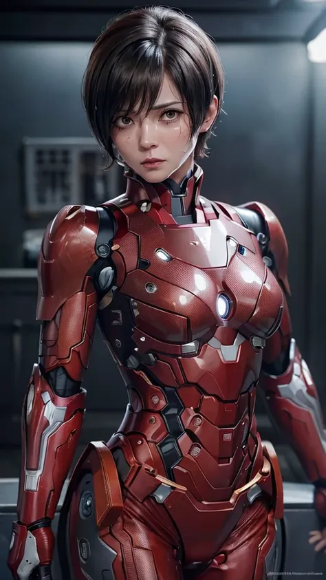 Highest quality　8k red armor　Iron Man Suit　Middle-aged women　　Sweaty face　　short hair　　Steam coming out of my head　My hair is wet with sweat　Black Hair　((Character Focus))　　Full body portrait　