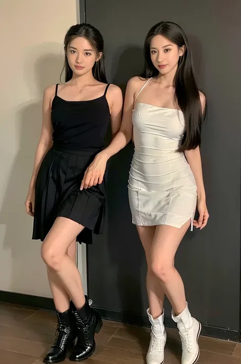 (large shins), (square-necked camisole), (white strapless DRESS), (Breasts tilting towards the upper chest), (Oversized T-shirt with excess fabric when tucked into a skirt), (Skirt full thigh), (knee-length outfit), (hair curled on both sides), (center sho...