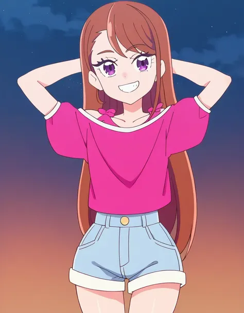 hijiri ageha, brown hair, long hair, purple eyes, shiny skin,
pink shirt, off-shoulder shirt, puffy short sleeves, denim shorts,...