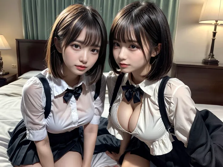 masterpiece, best quality, illustration, Super detailed, fine details, High resolution, 8K,wall paper, perfect dynamic composition,(Details High quality, realistic depiction of eyes:1.3), ((2 girls)),(collared shirt:1.1), pleated skirt, short bob hair、blac...