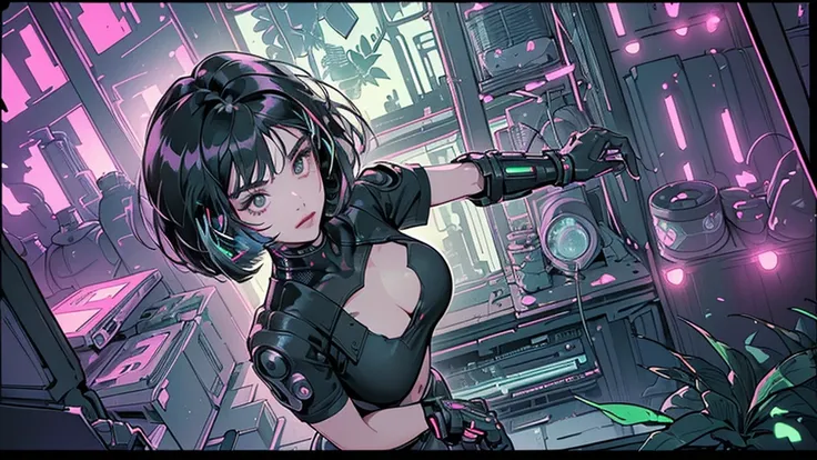 Ultimate quality, masterpiece, Unity 8k Wallpaper, Depth of Field, Super detailed,High resolution, (((A very detailed beautiful woman, Perfect face,Black Hair, bob cut,Bangs, Gray eyes, Top of crop, Short sleeve, Huge breasts)))), (((Cyberpunk style messy ...