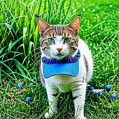 Photography of a cat with a blue cap. Photo with film grain, at a green grass landscape, photo taken by a professional camera with this settings F8, ISO400, 100mm