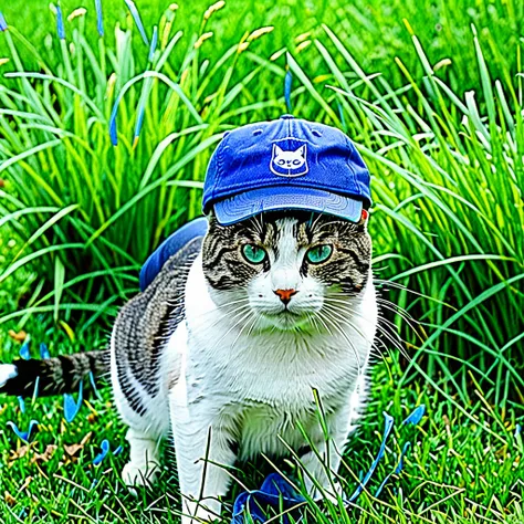 Photography of a cat with a blue cap. Photo with film grain, at a green grass landscape, photo taken by a professional camera with this settings F8, ISO400, 100mm