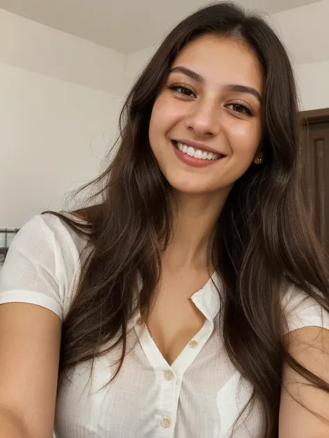 24YO, one half Russian half Jordanian women, cute smile, white teethes, long burnt orange shirt, light brown eyes, small nose, black/brown long hair