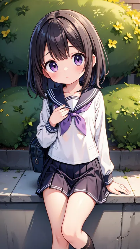 (High quality), (masterpiece), (very detailed), girl, (flat chest:1.6), short brown hair, purple eyes, shy face, primary school girl, white blouse, black skirt with pleats, (loli), showing her thighs, on the school yard, sunny, school girl, (sailor uniform...