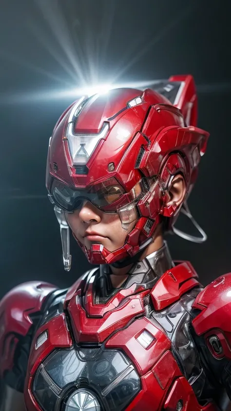 Highest quality　8k Red Iron Man Suit Girl　Kindergarten girl　Sweaty face　cute　short hair　boyish　Steam coming out of my head　My hair is wet with sweat　The feel of black hair　Full body portrait　My upper body is soaked　Glasses