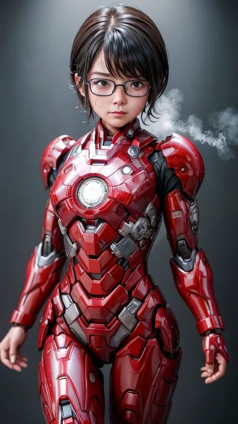 Highest quality　8k Red Iron Man Suit Girl　Kindergarten girl　Sweaty face　cute　short hair　boyish　Steam coming out of my head　My hair is wet with sweat　The feel of black hair　Full body portrait　My upper body is soaked　Glasses