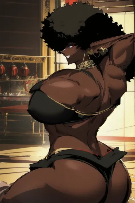 (masterpiece, best quality:1.2),1 girl, voluptuous body, full body, masterpiece, dominant pose, good anatomy, no extra limbs, big ass, thick thighs, black hair, voluminous afro, pointy ears, gold earrings, black top with red details, black skirt with red d...