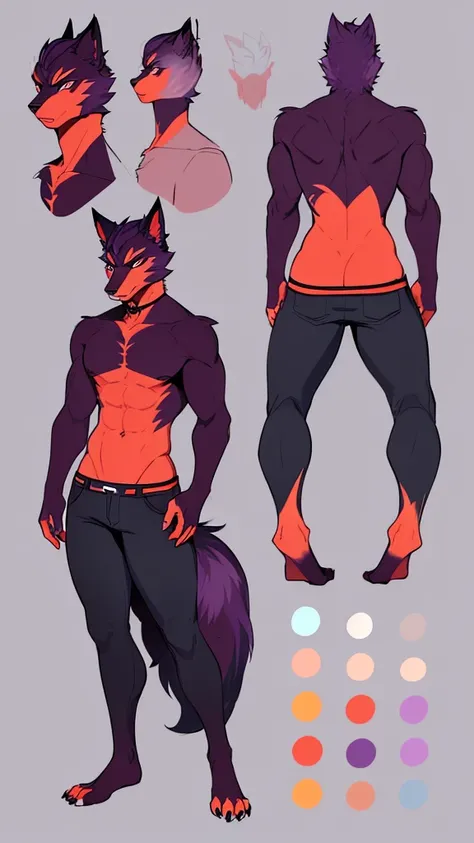 create a image fursona ref sheet of waren he is a furry wolf male anthropomorphic with dark purple fur black eyes pink inner ear fur color light blue nose red tail with a orange point end wearing a black shirt and black jeans sinister grin full body anime ...