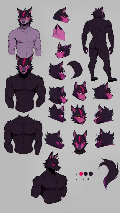 create a image fursona ref sheet of waren he is a furry wolf male anthropomorphic with dark purple fur black eyes pink inner ear fur color light blue nose red tail with a orange point end wearing a black shirt and black jeans sinister grin full body anime ...