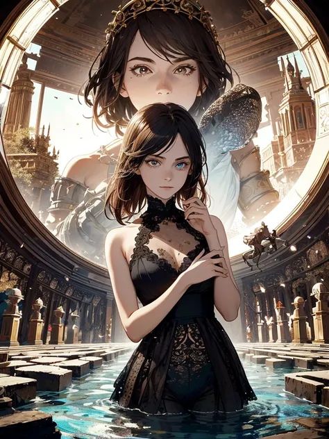 Absurd, high resolution, ultra-detailed, (1 girl:1.3), broken, design a beautiful temple scene, intricate architecture, lush gardens, and a sense of peace and spirituality. Broken, creating an image of a destructive demon with terrifying features, dark pow...