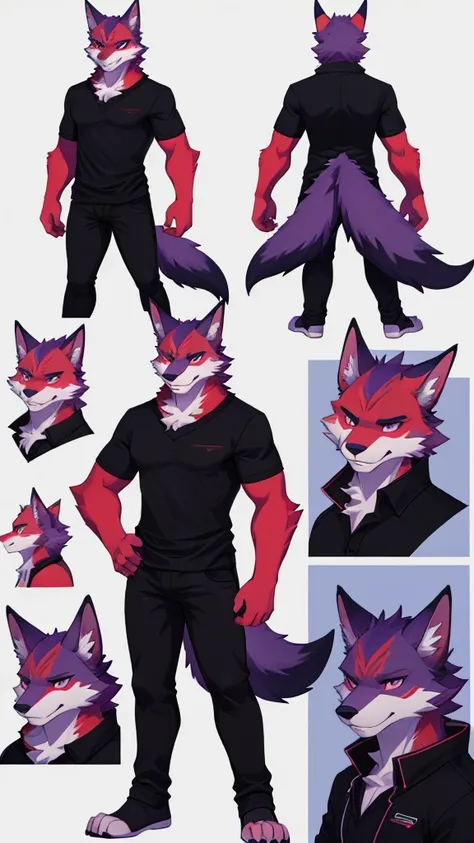 create a image fursona ref sheet of waren he is a furry wolf male anthropomorphic with dark purple fur black eyes pink inner ear fur color light blue nose red tail with a orange point end wearing a black shirt and black jeans sinister grin full body anime ...