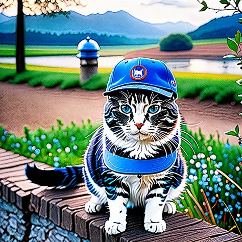 (Photo, Masterpiece) Photography, cat with a blue cap. Film grain, at a landscape, bokeh background, ISO400, 100mm