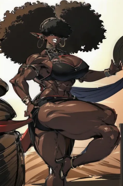 (masterpiece, best quality:1.2),1 girl, voluptuous body, full body, masterpiece, dominant pose, good anatomy, no extra limbs, big ass, thick thighs, black hair, voluminous afro, pointy ears, gold earrings, black top with red details, black skirt with red d...