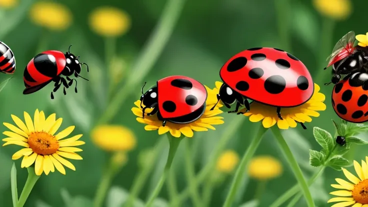 bees and ladybug pollonating a flower cartoon) with ladybug
